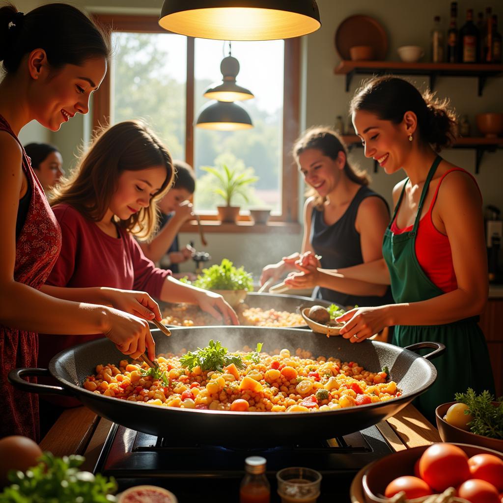 Family cooking paella in a traditional Spanish kitchen