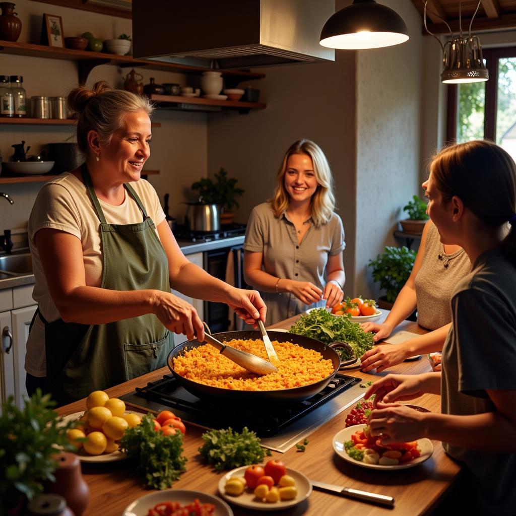 Spanish Family Cooking Paella Together