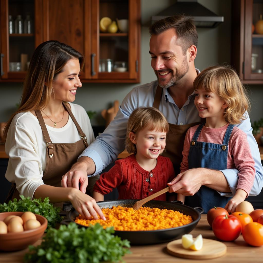 Spanish Family Cooking Paella Together