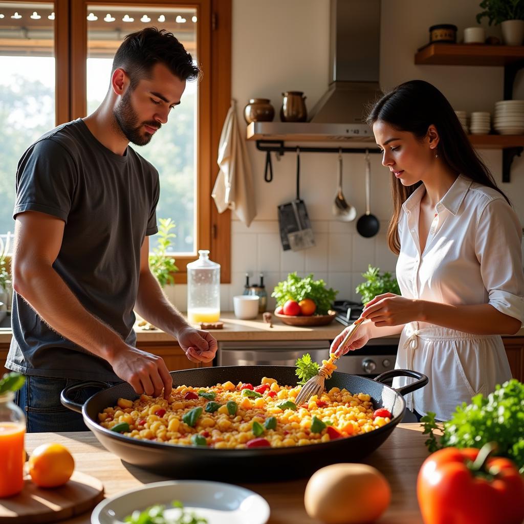 Spanish Family Cooking Paella During a Homestay