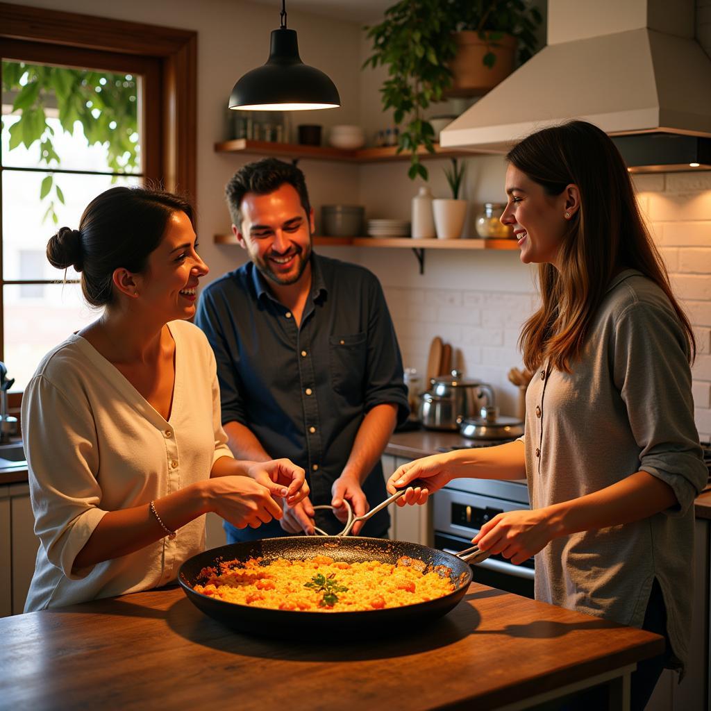 A Spanish family teaching guests to cook paella in their homestay kitchen