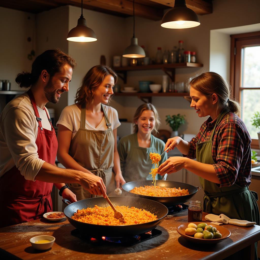 Family cooking paella together in a Spanish kitchen