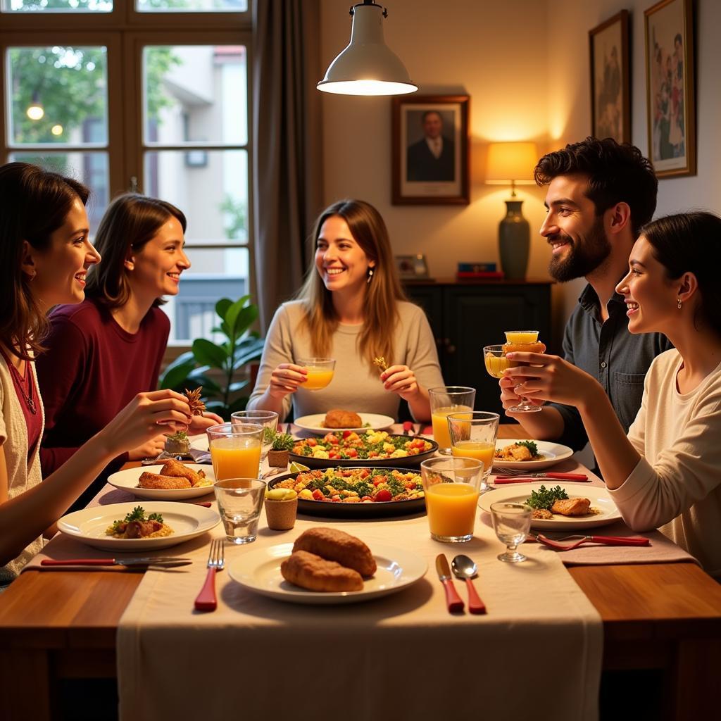 Family enjoying a traditional Spanish dinner at an Anjees Homestay