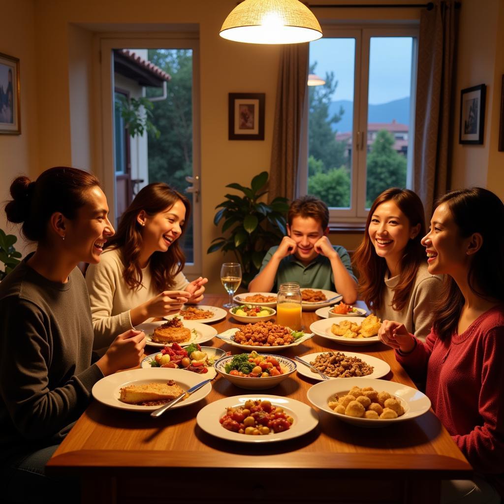 A warm and inviting Spanish family enjoying a traditional dinner together in their cozy home, showcasing the authentic experience of a bm city homestay.