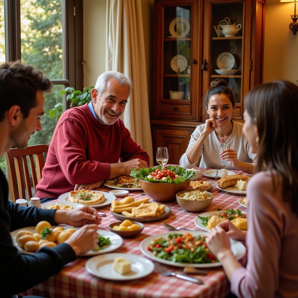 Spanish family enjoying dinner together during a global homestay experience