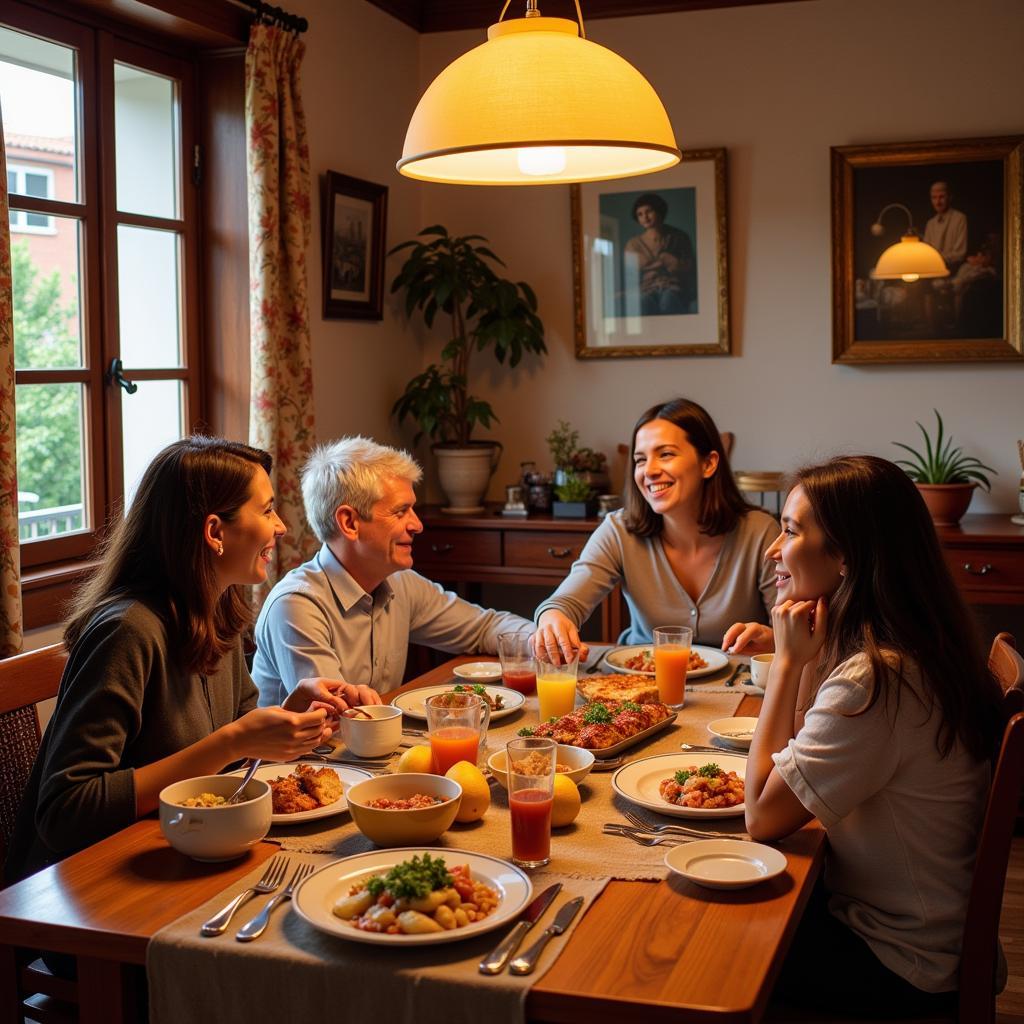 Enjoying a traditional Spanish dinner with a local family during a homestay