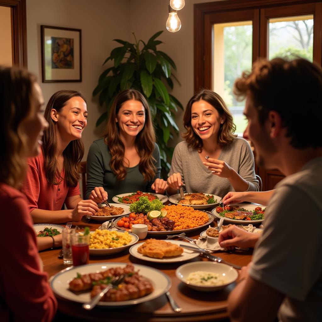 A warm and inviting Spanish family enjoying dinner together in their home, showcasing the welcoming atmosphere of a homestay experience.