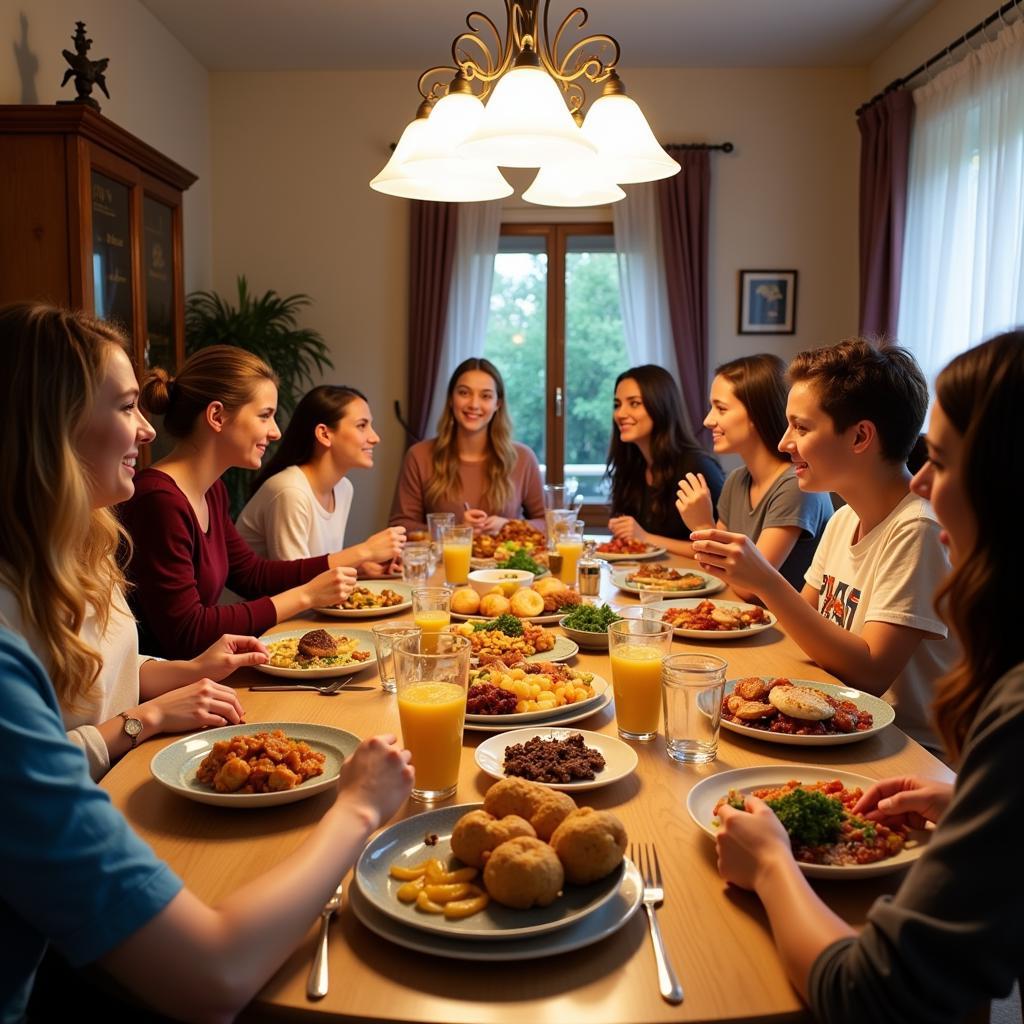 Bridgeland High School students enjoying a traditional Spanish dinner with their host family