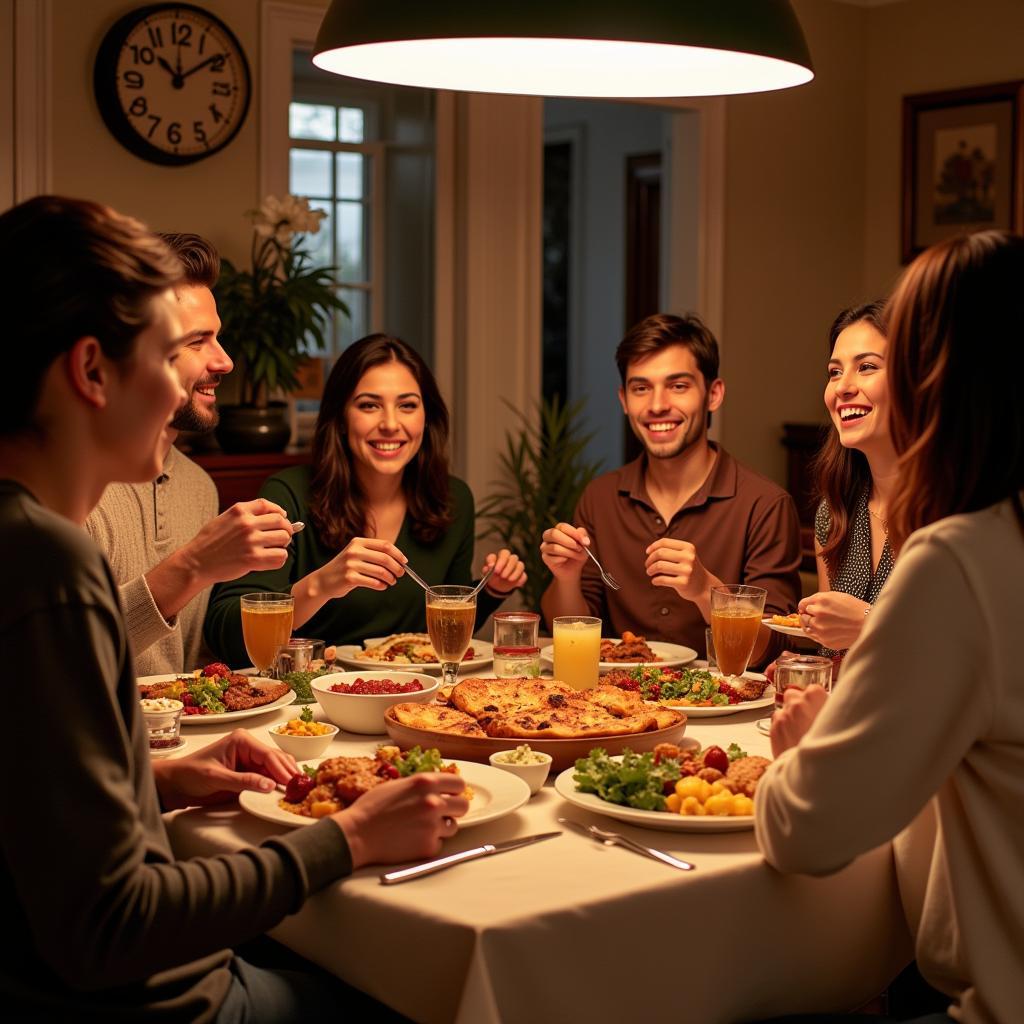 Enjoying a traditional Spanish family dinner with your homestay family during your english school experience.