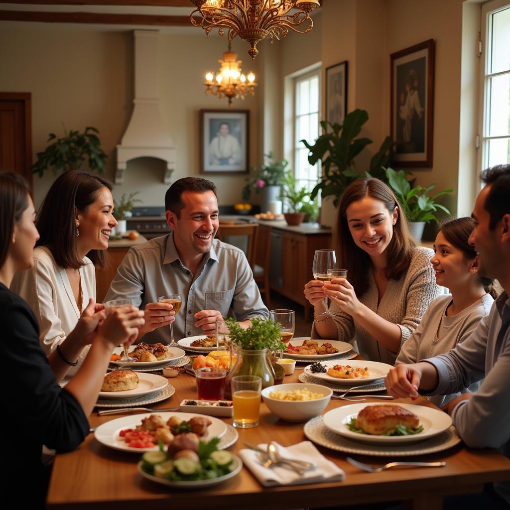 Spanish family enjoying dinner with guests in a homestay setting.