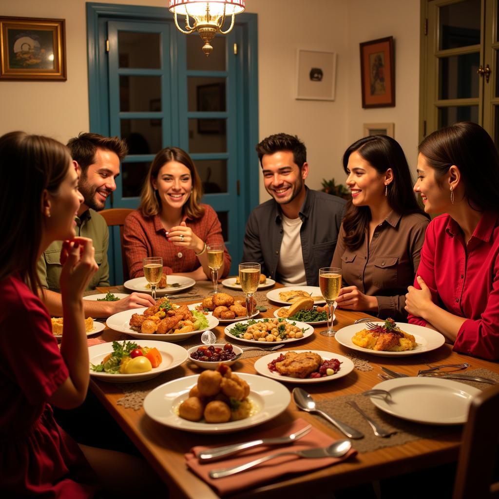 A warm and inviting scene of a Spanish family enjoying dinner together in their home, showcasing the welcoming atmosphere of a homestay experience through me Stay in Spain.