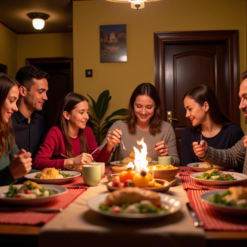 Family enjoying a traditional Spanish dinner in a homestay near Riverdale GA