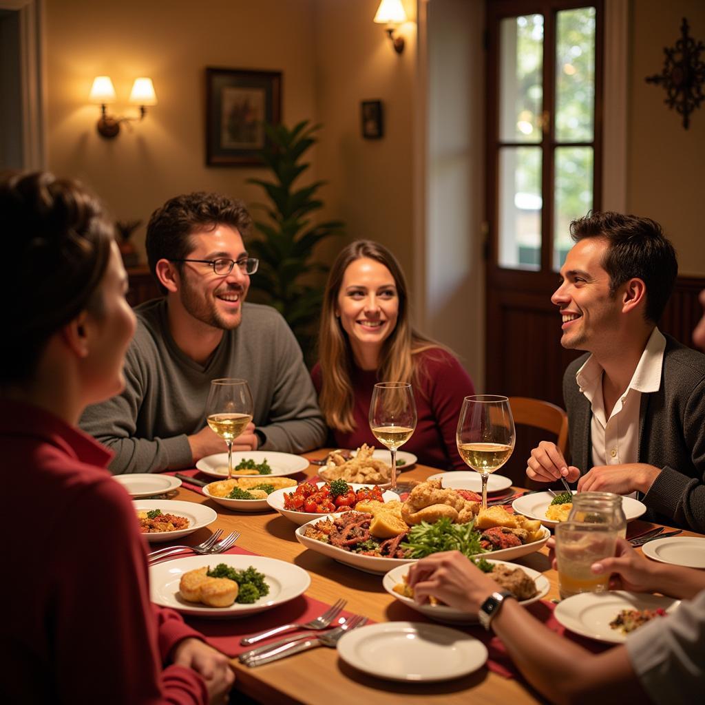 Spanish family enjoying dinner with a homestay student