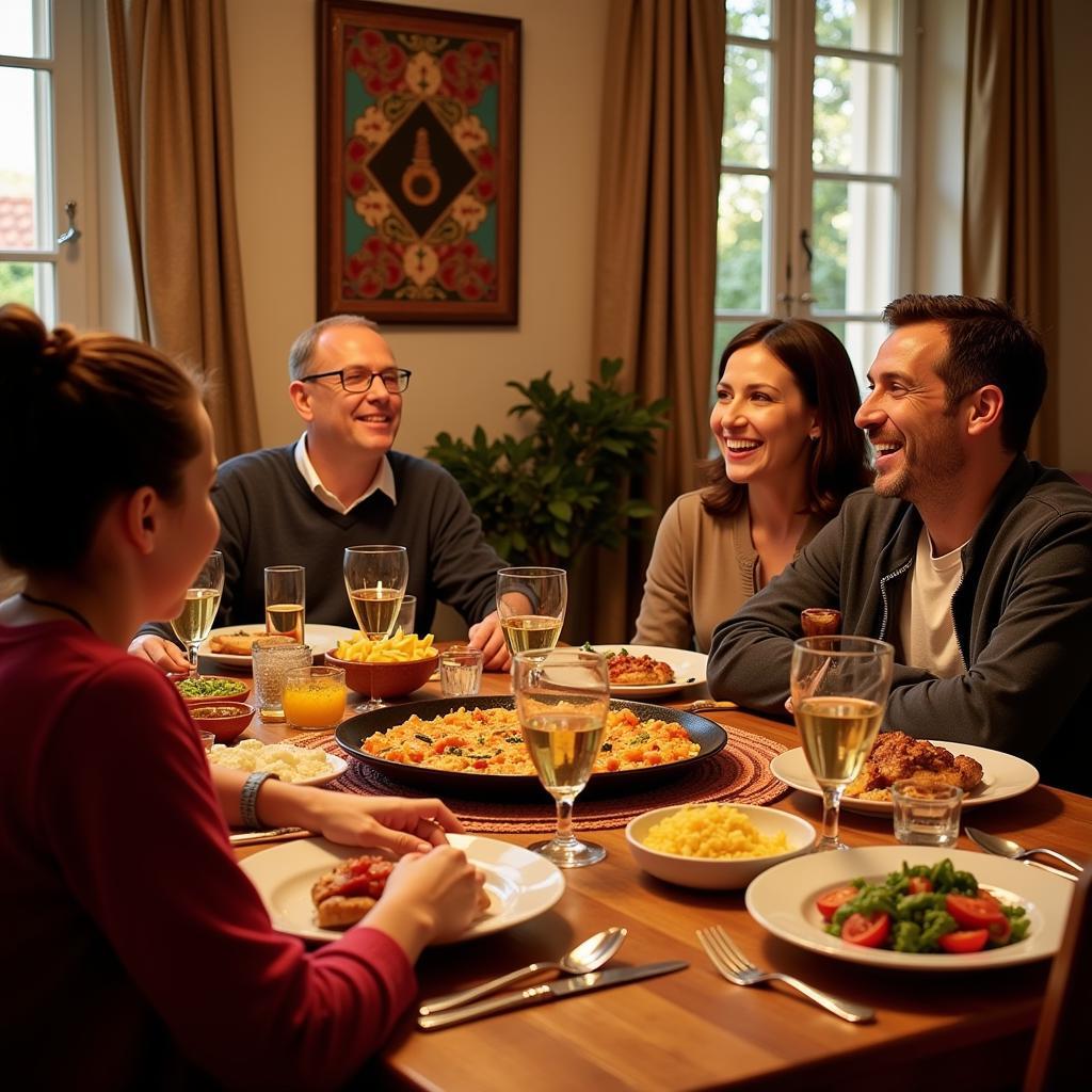 Family enjoying paella dinner in a Spanish homestay