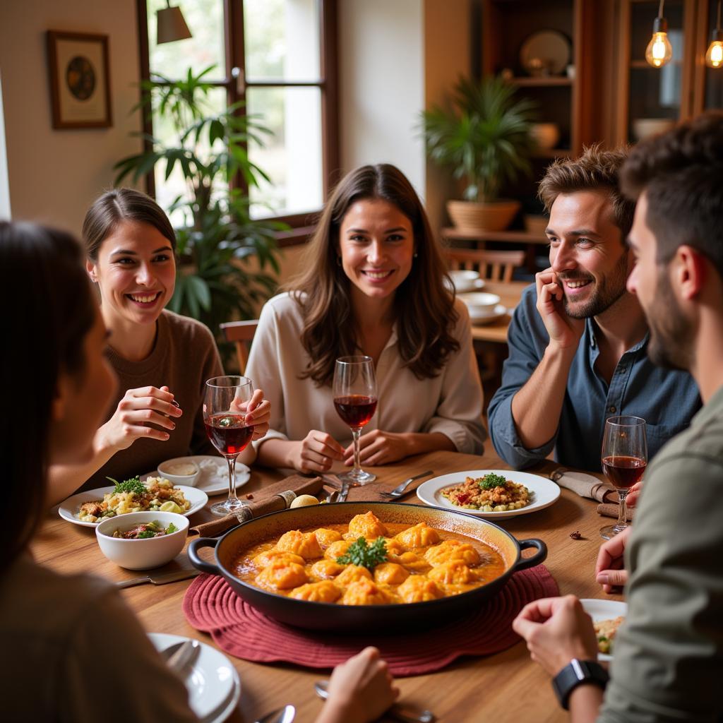 Family Enjoying Paella Dinner During Homestay in Spain