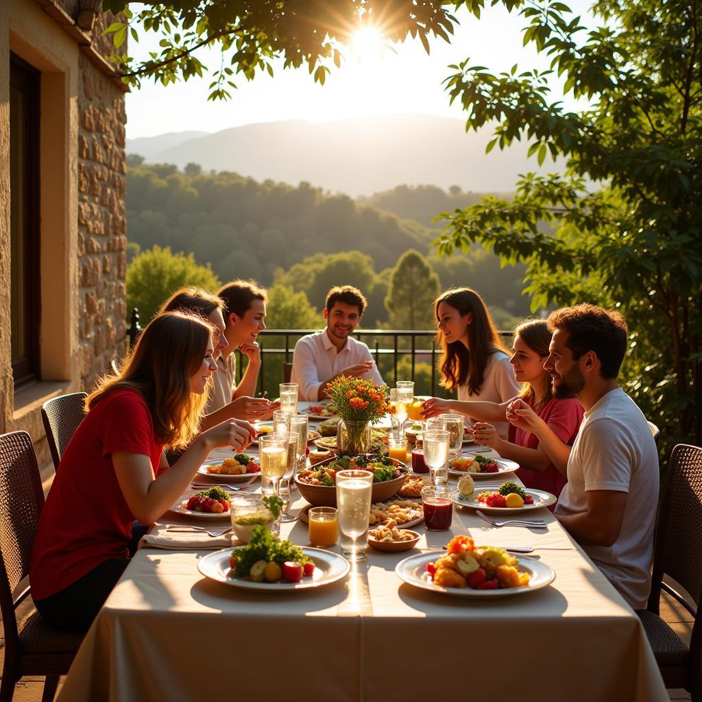 Spanish Family Enjoying an Eco-Friendly Meal on a Sunny Terrace