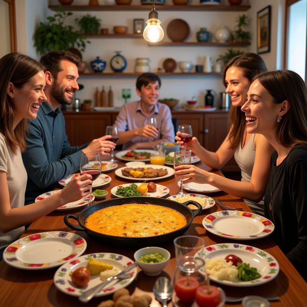 Spanish Family Enjoying Paella Dinner