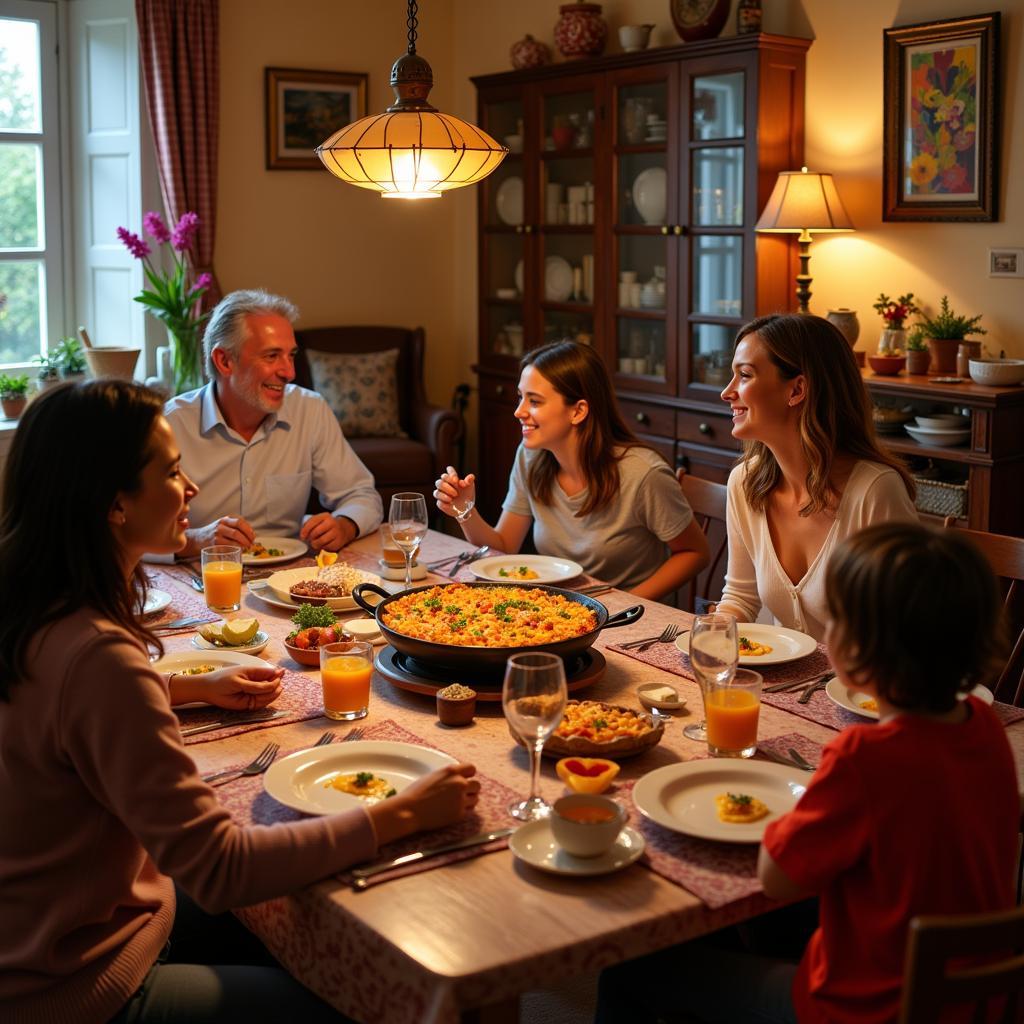 Spanish Family Enjoying Paella Dinner