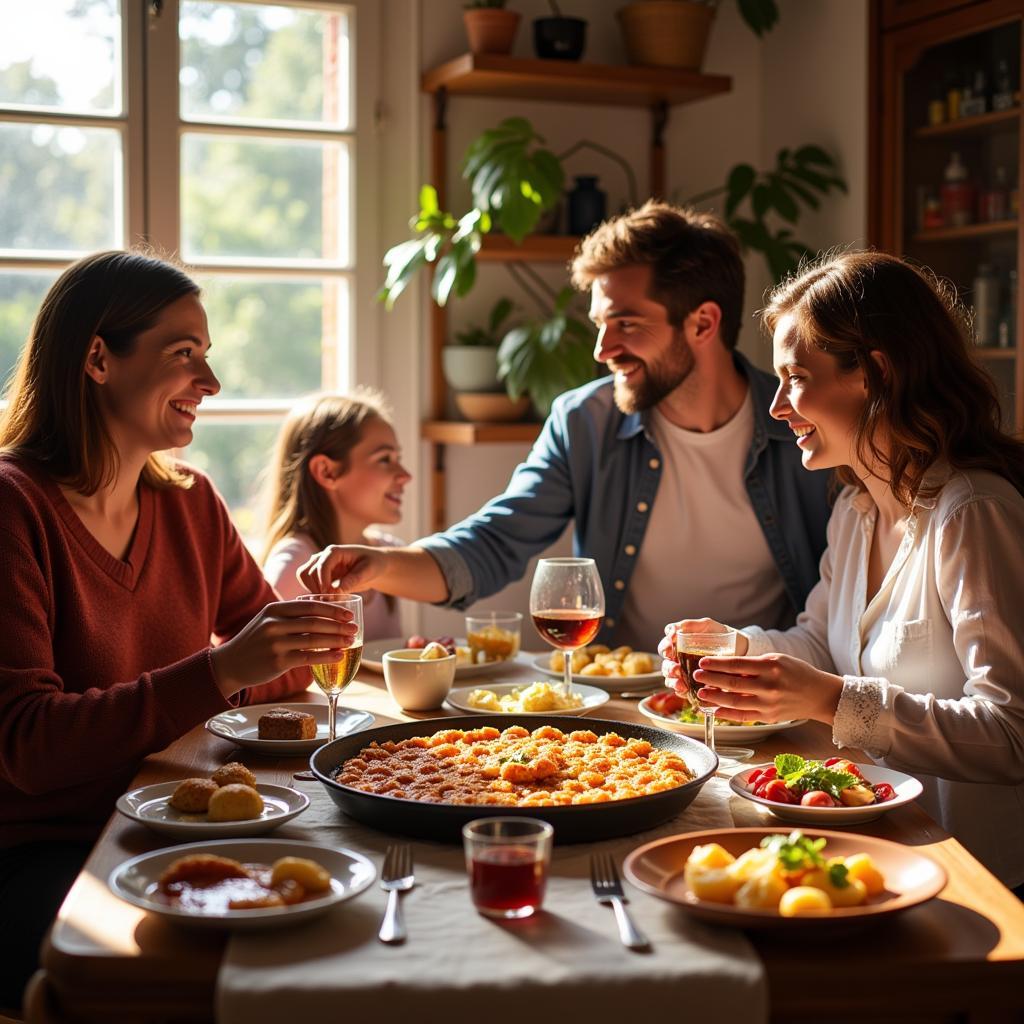 Family enjoying paella dinner in a Spanish homestay