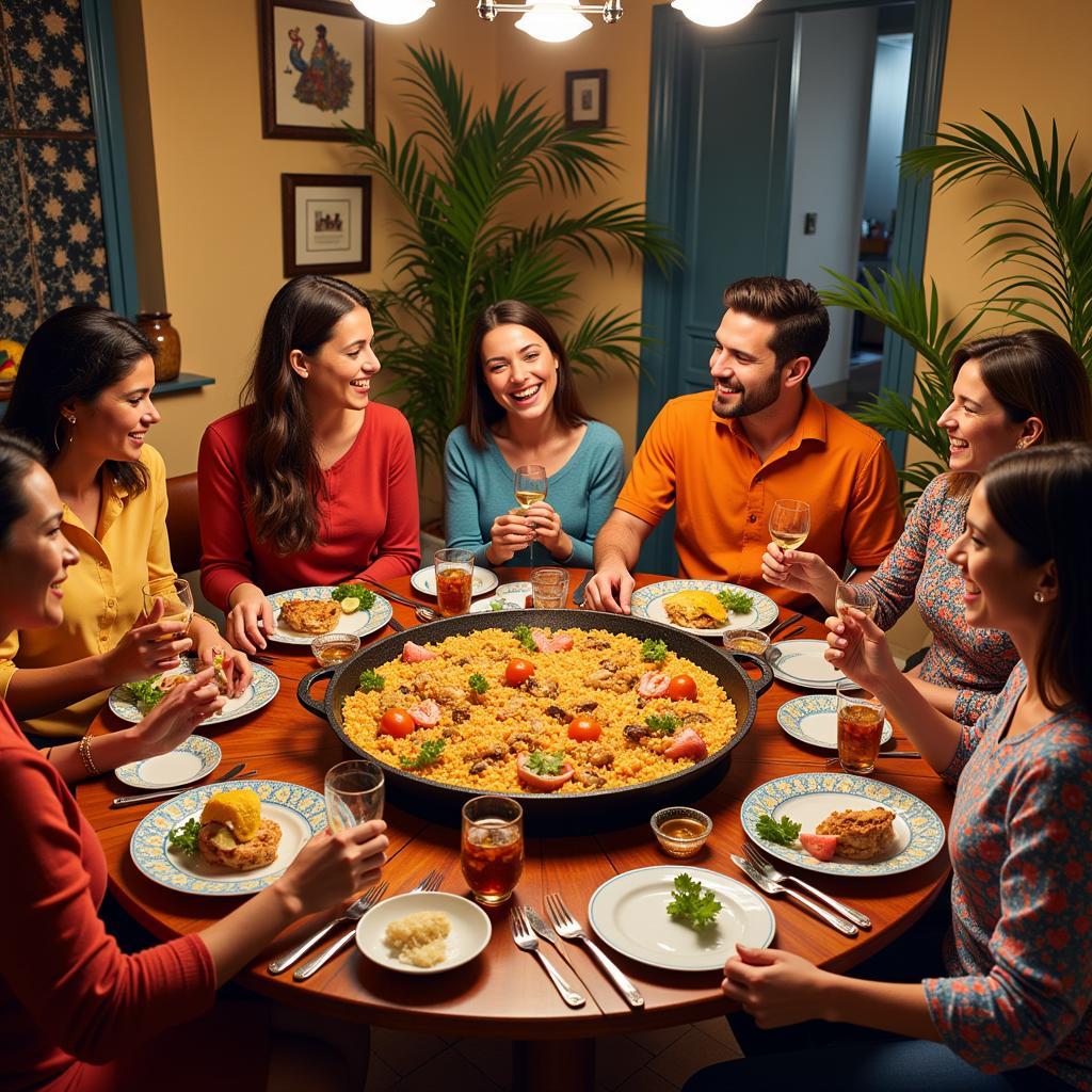 Spanish family enjoying paella dinner