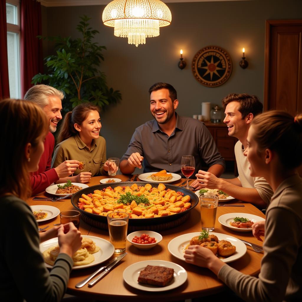 Spanish Family Enjoying Paella Dinner