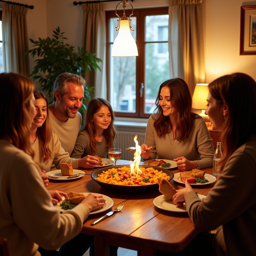 Spanish Family Enjoying Paella Dinner