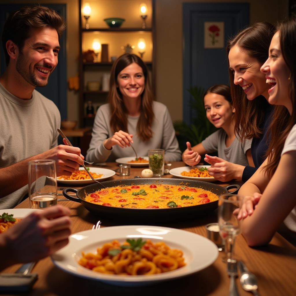 Spanish Family Enjoying Paella Dinner