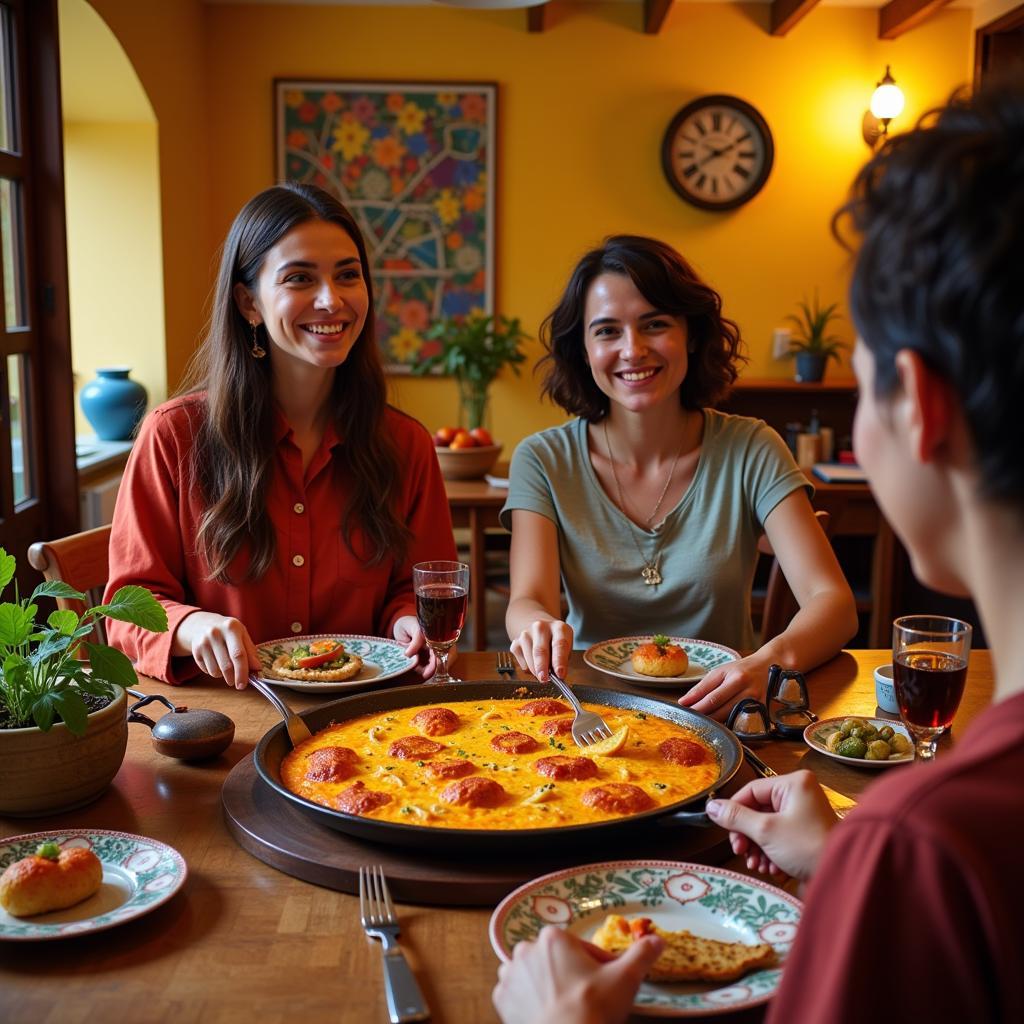 Family enjoying paella dinner in a Spanish homestay