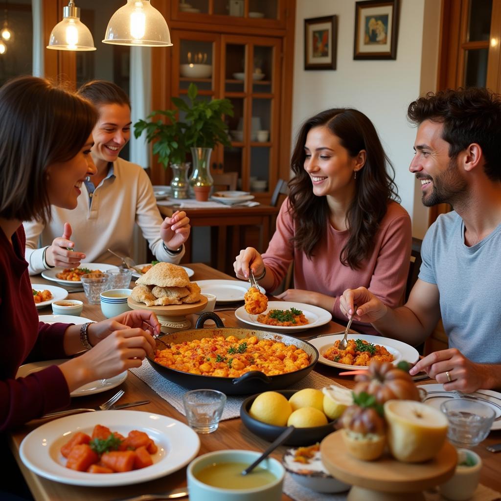 Family enjoying a traditional paella dinner in a Spanish homestay