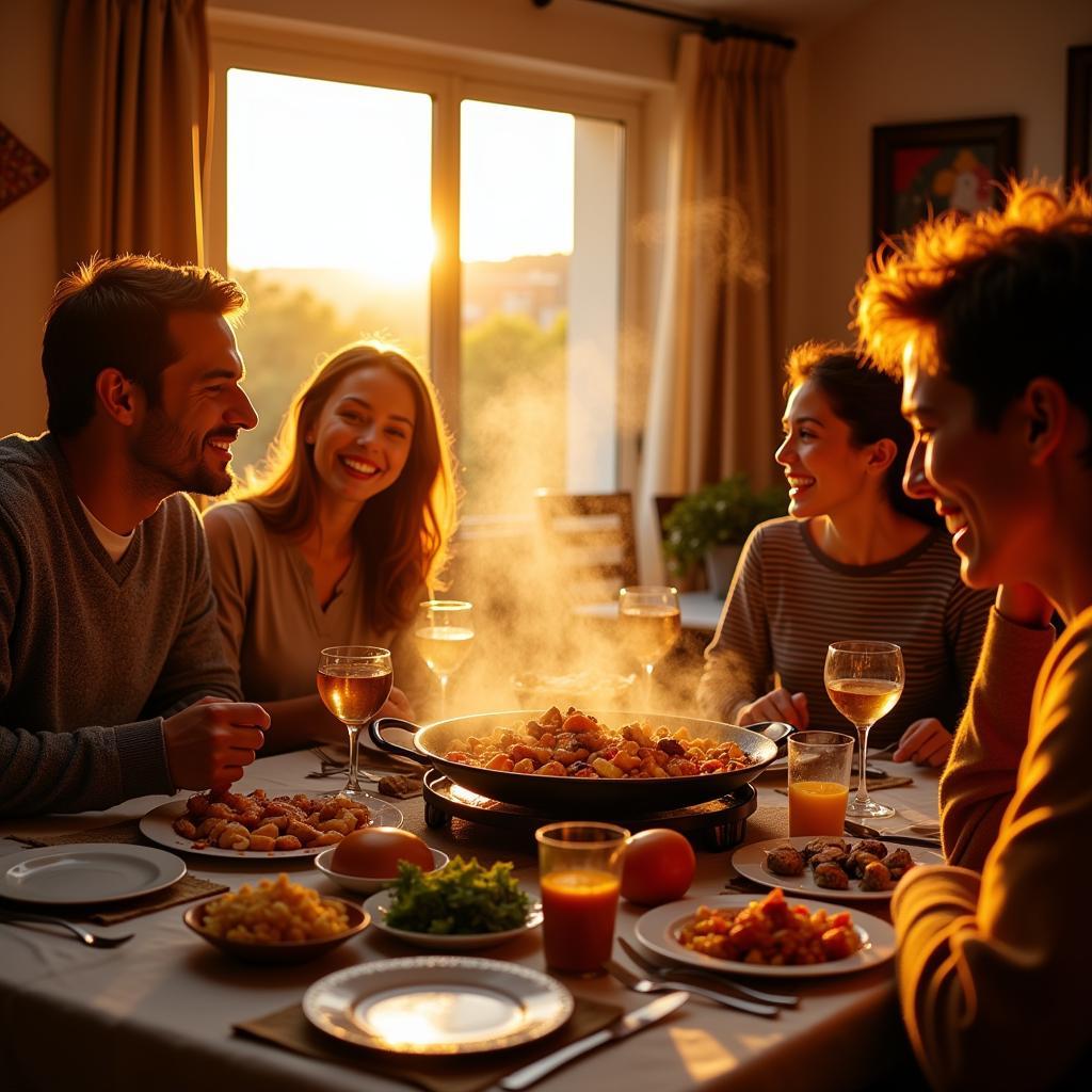 Spanish Family Enjoying Paella Dinner