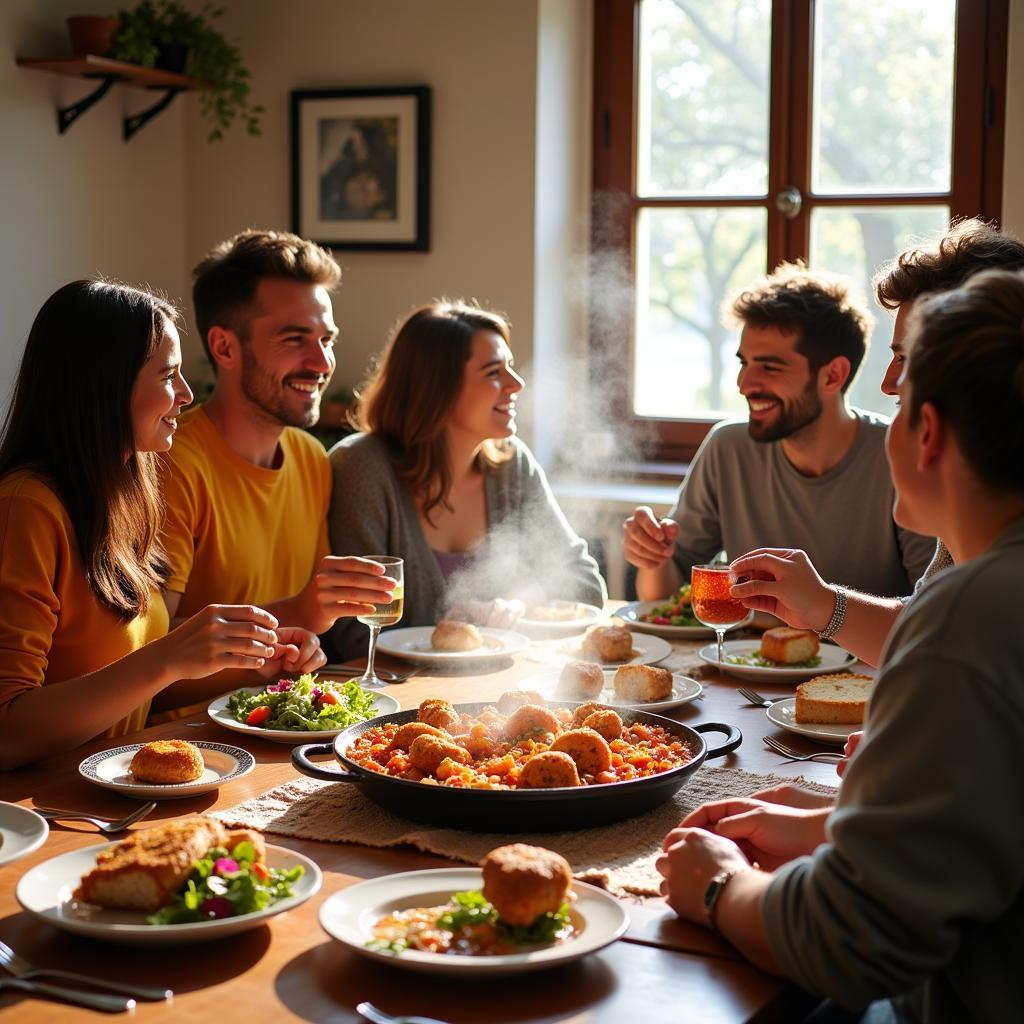 A Spanish family enjoying a traditional paella dinner together, showcasing the warmth and hospitality of a homestay experience.