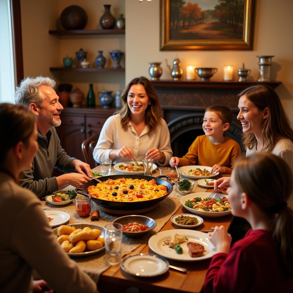 Spanish Family Enjoying Paella Dinner at Austin 18 Homestay