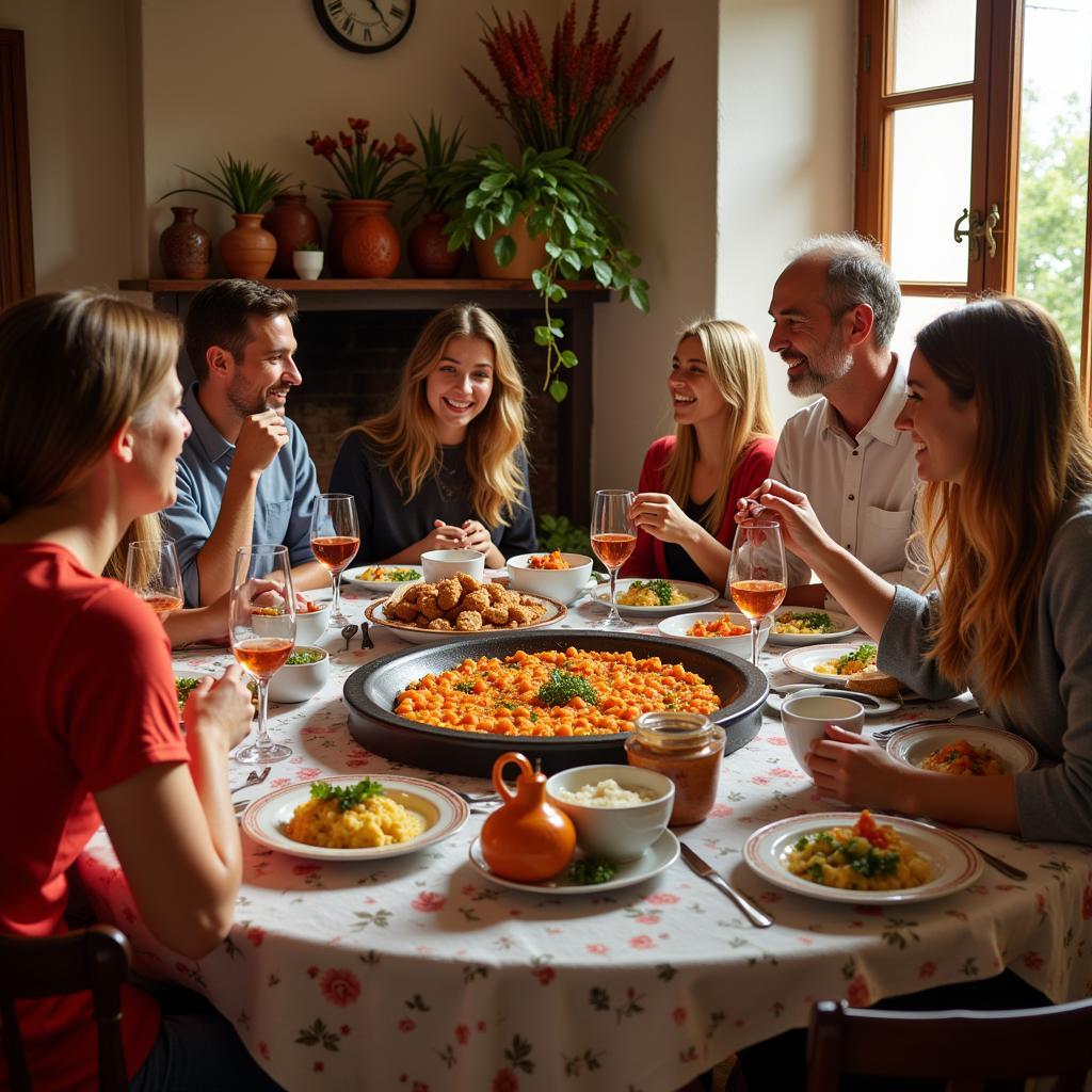 Spanish Family Enjoying Paella Dinner at a Cuckoo Homestay