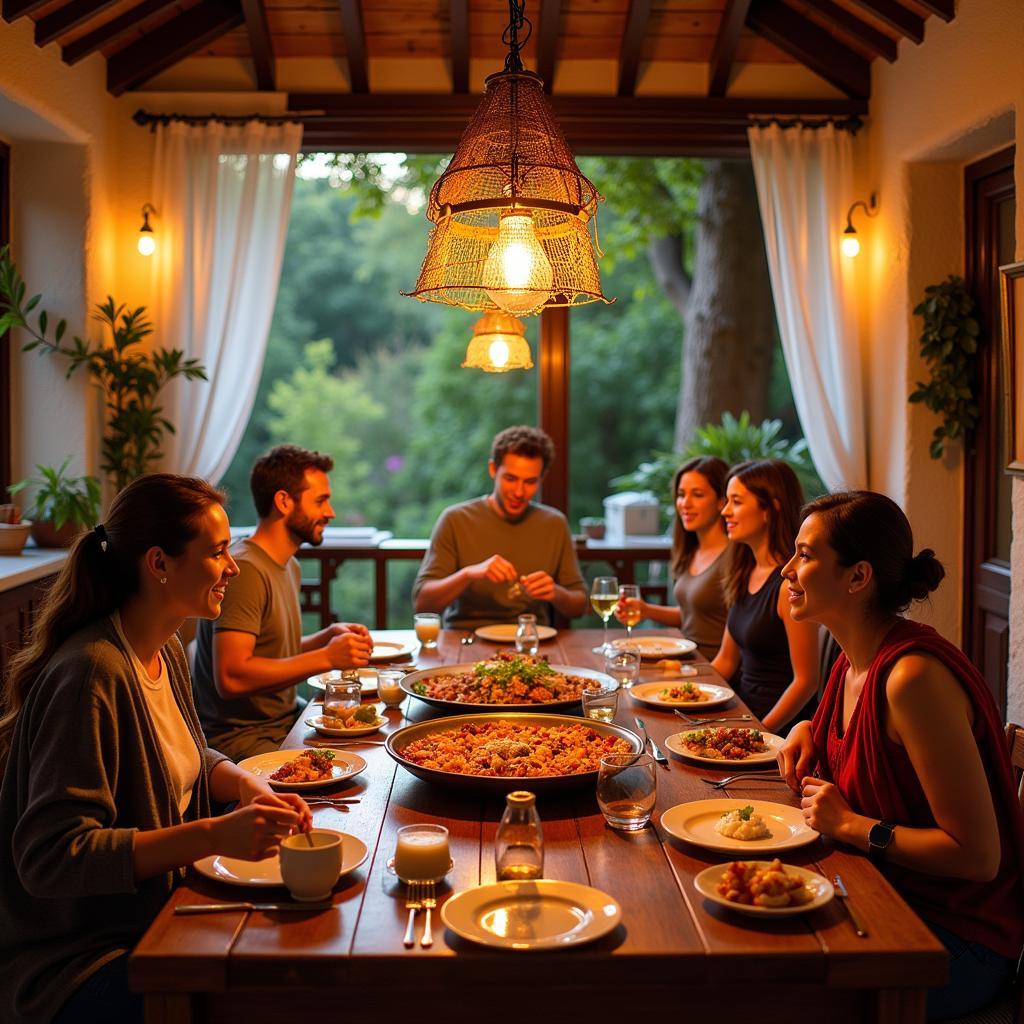 Spanish family enjoying a paella dinner together in a hajikoi homestay setting