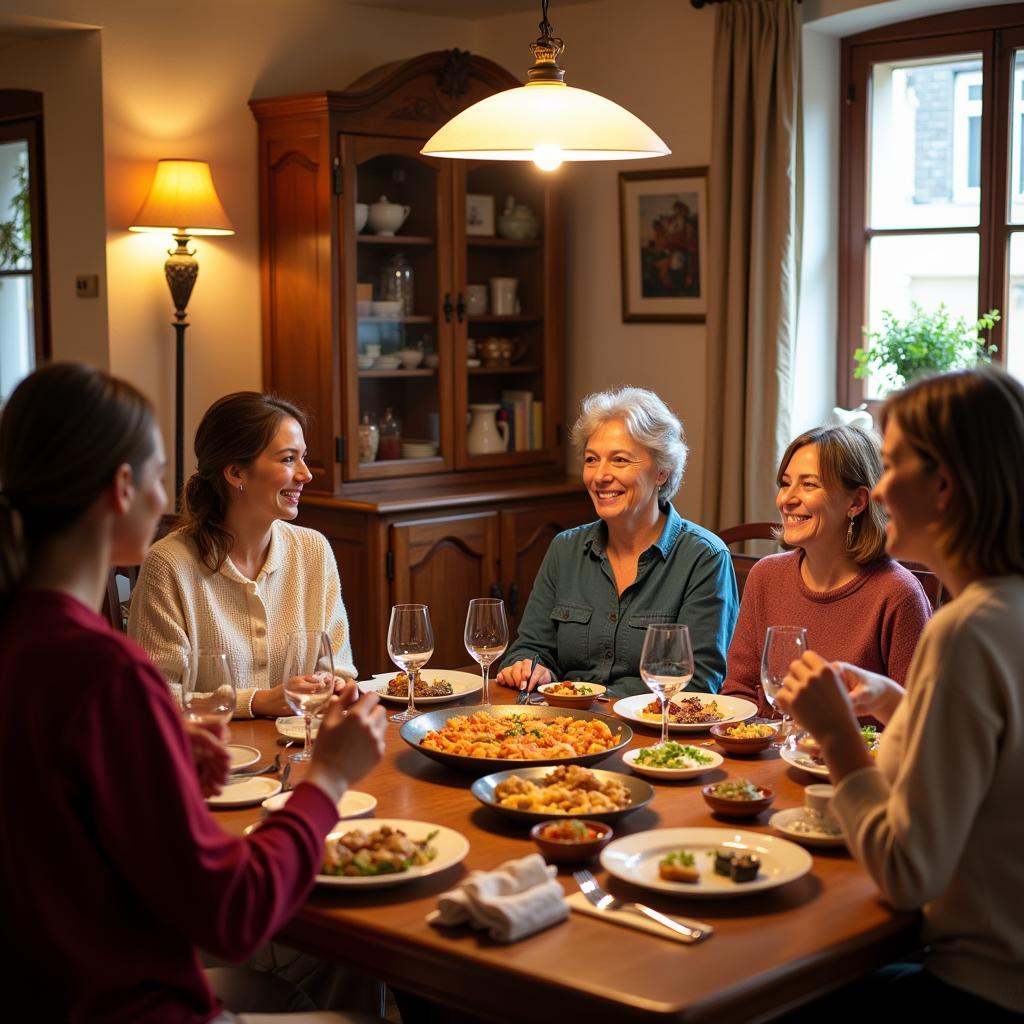 Spanish Family Enjoying Paella Dinner during Homestay