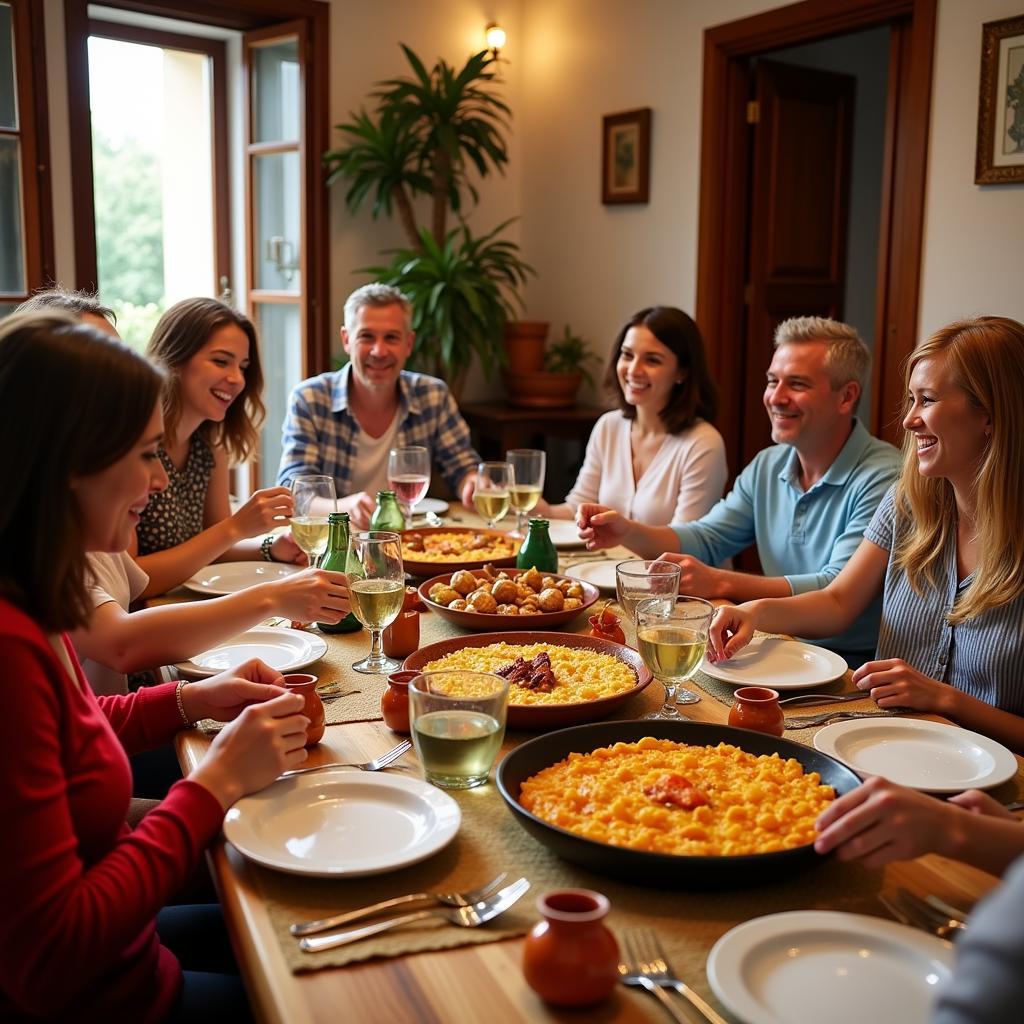 Spanish family enjoying paella dinner in a homestay