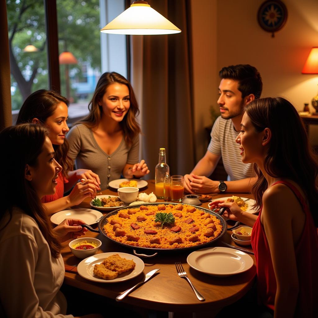 Spanish Family Enjoying Paella Dinner during Homestay