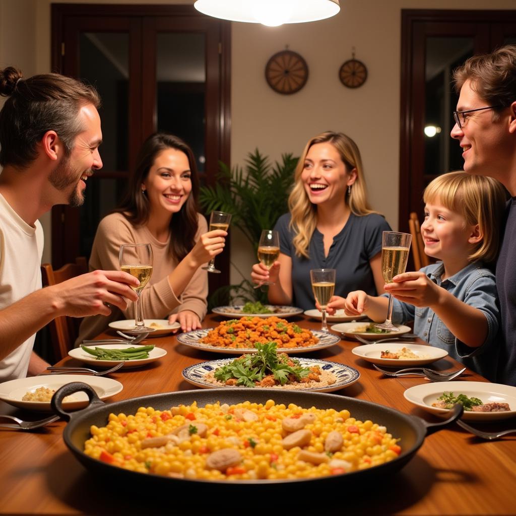 Spanish Family Enjoying Paella Dinner in a Homestay