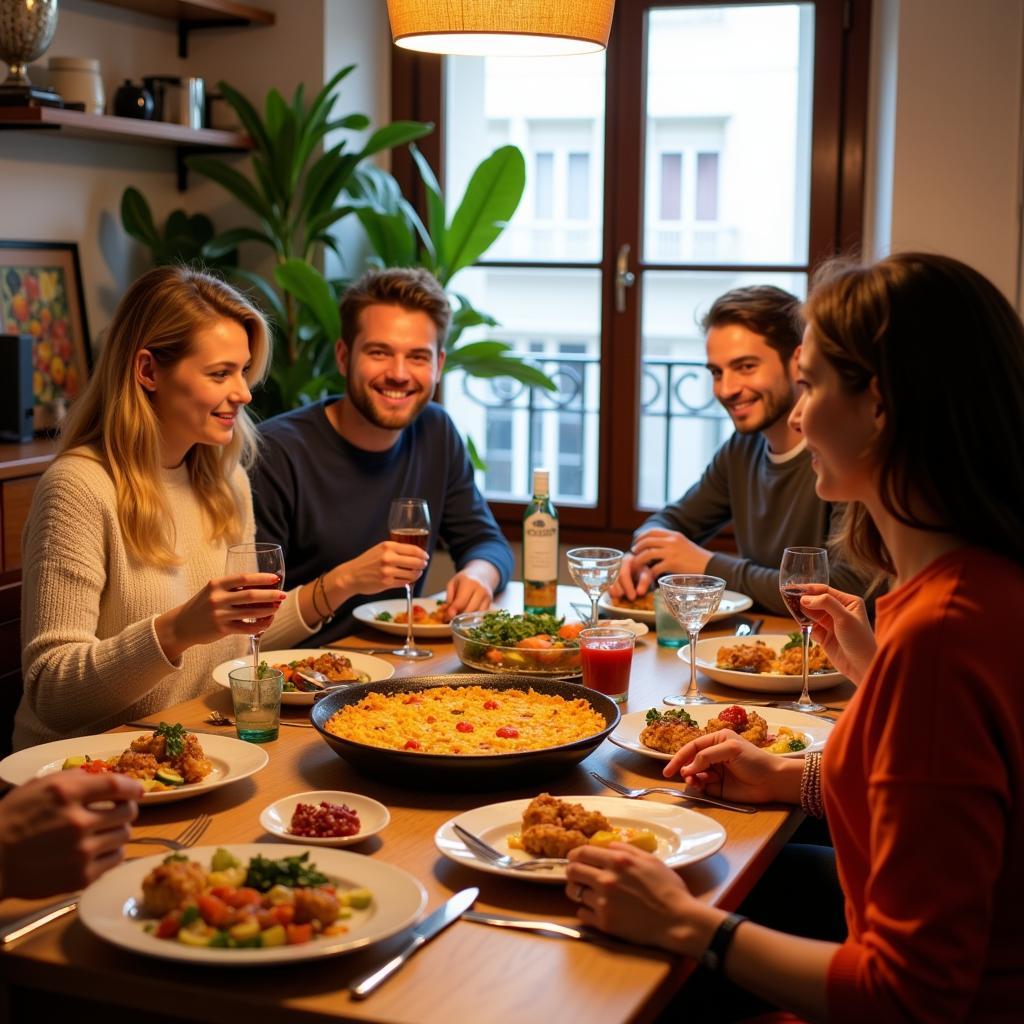 Spanish family enjoying paella dinner in a homestay citycenter