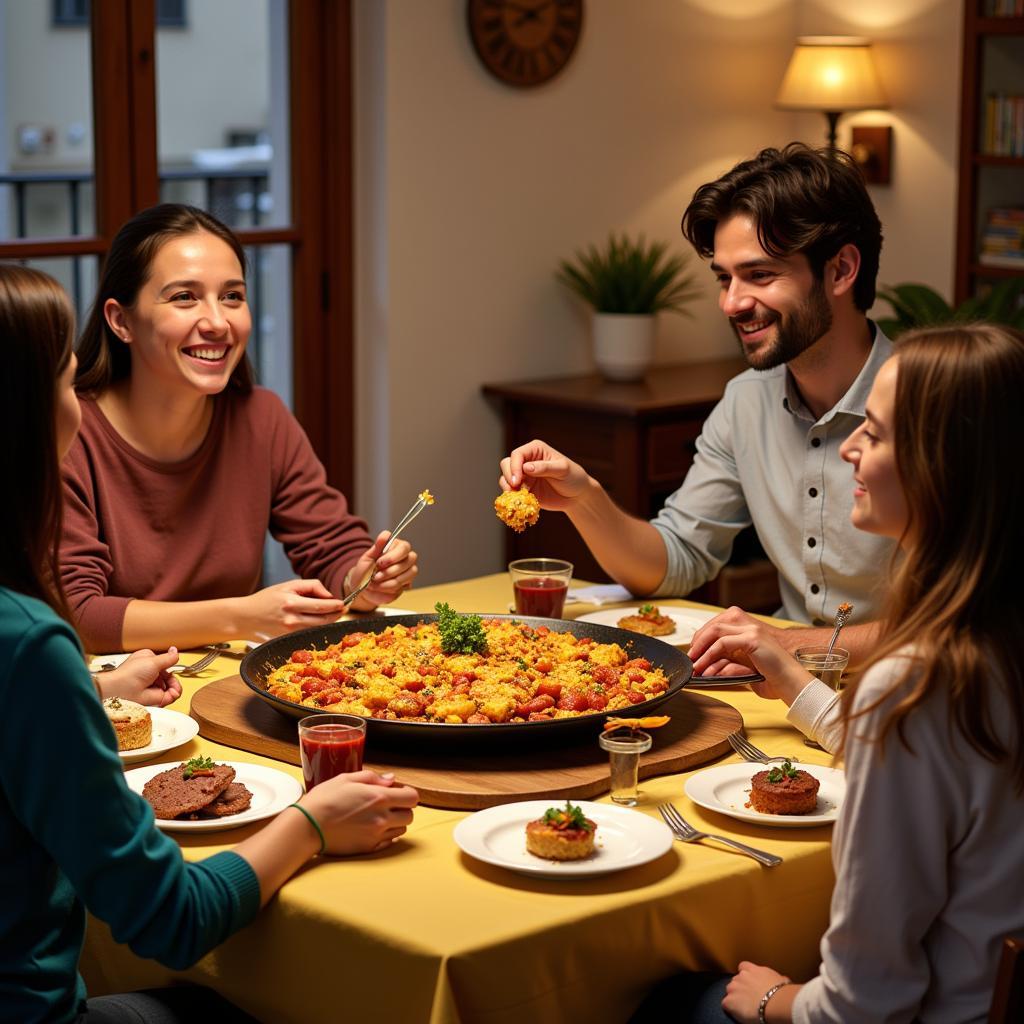 Spanish family enjoying paella during a homestay experience related to EF London programs.