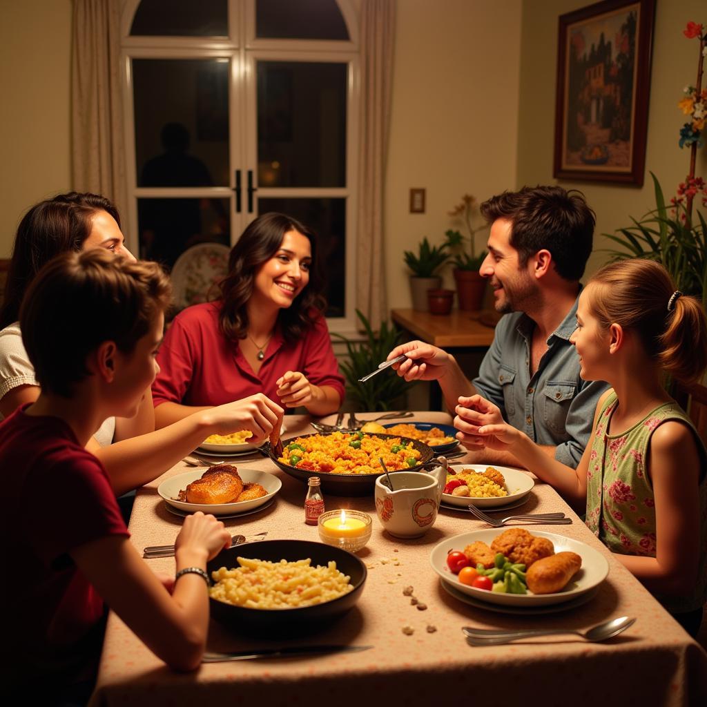 Spanish Family Enjoying Paella Dinner Homestay NJP