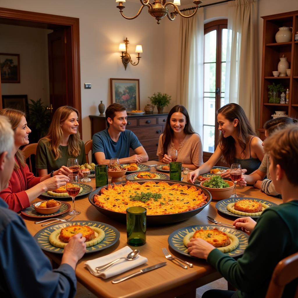 Spanish Family Enjoying Paella Dinner with Homestay Guest