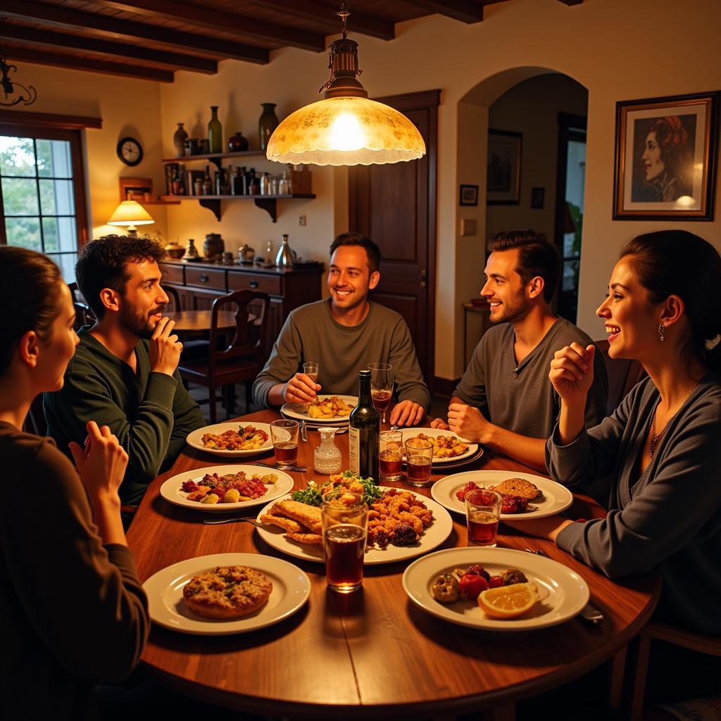 Spanish family enjoying tapas dinner together