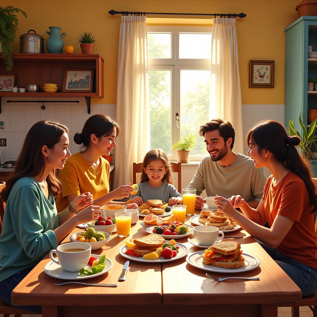 A Spanish family enjoying breakfast together in their cozy kitchen