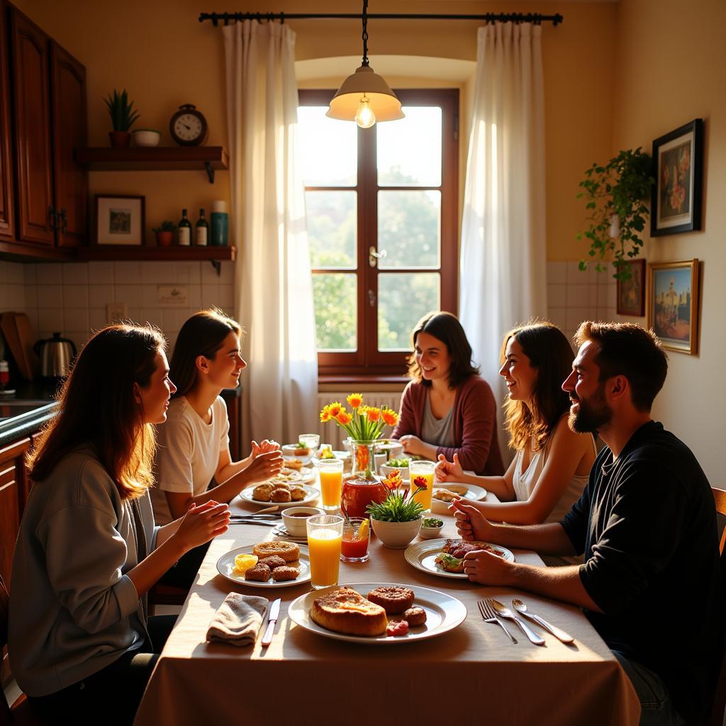 Spanish Family Enjoying Breakfast Together in a Homestay