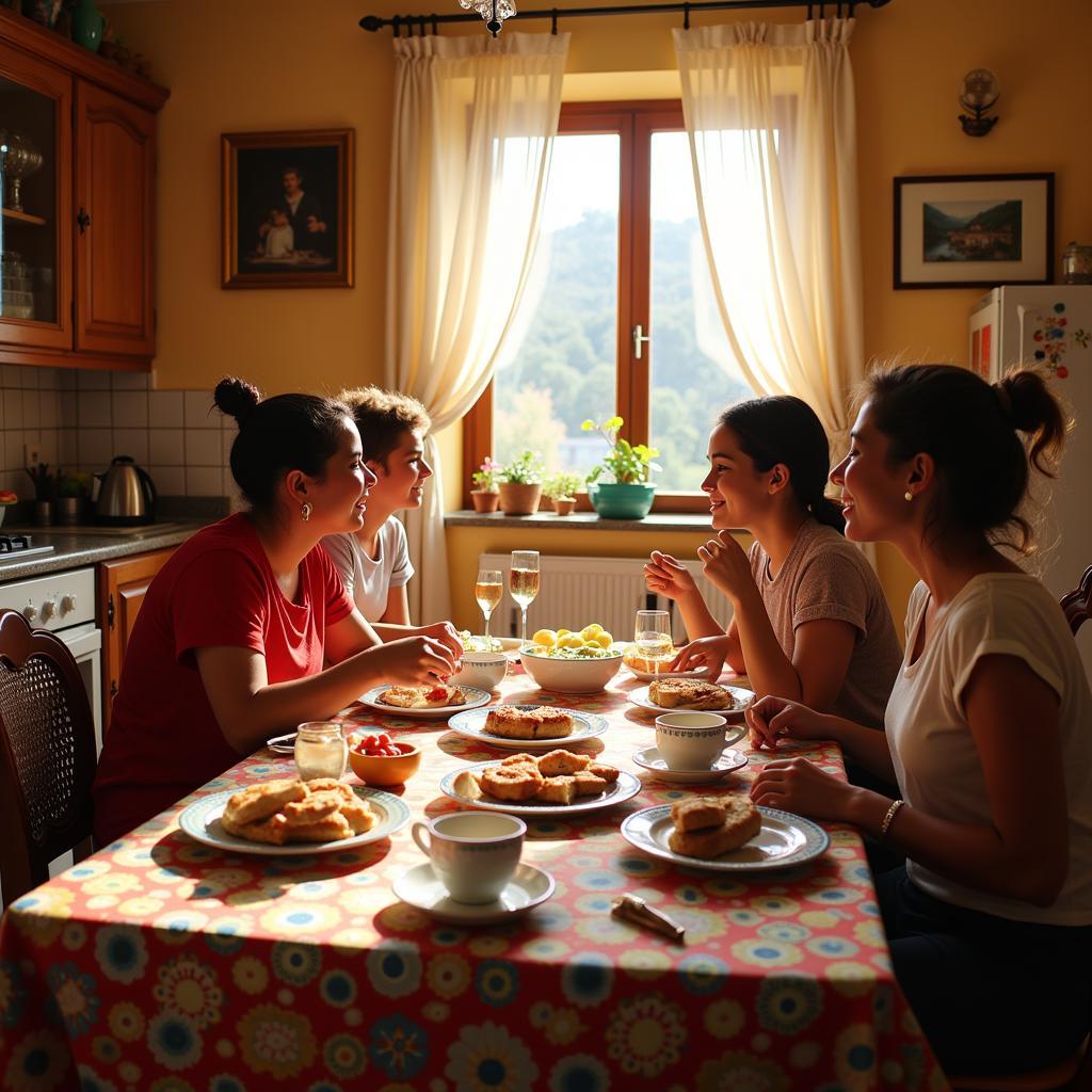 Spanish Family Enjoying Breakfast in a Homestay