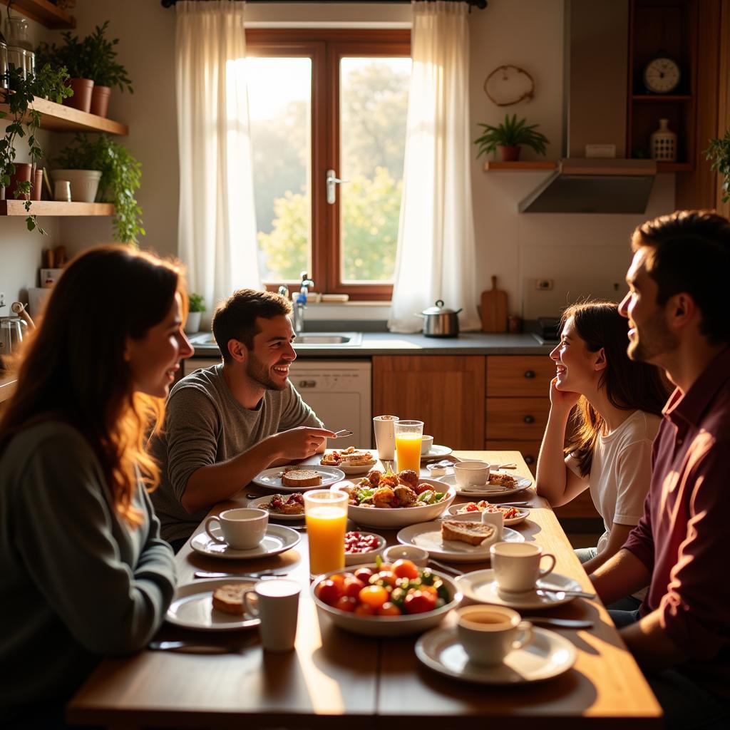 Spanish Family Enjoying Breakfast Together in a Homestay