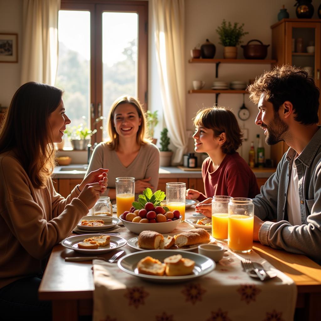 Spanish Family Enjoying Breakfast in a Homestay