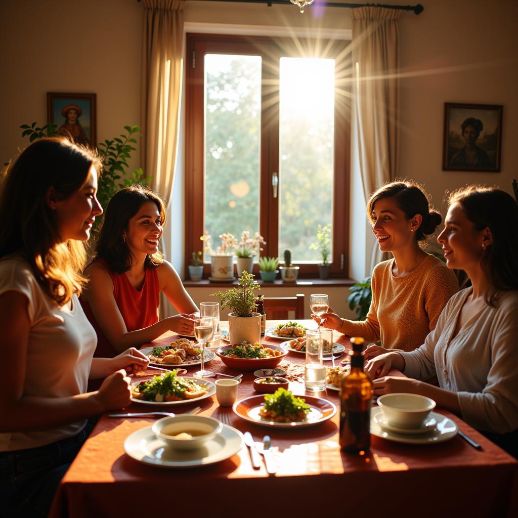 Family enjoying a meal together in a Spanish homestay