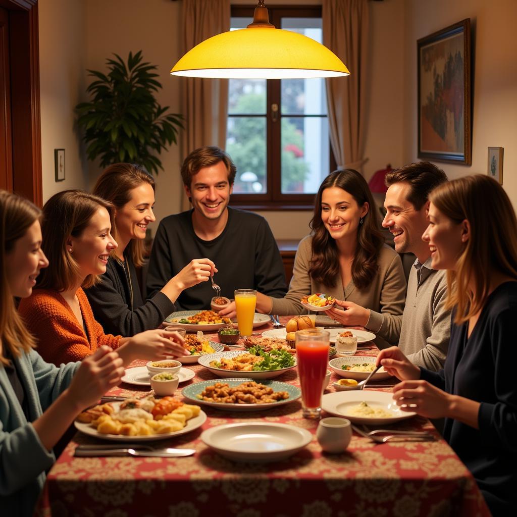 Spanish Family Enjoying Dinner with Homestay Guest